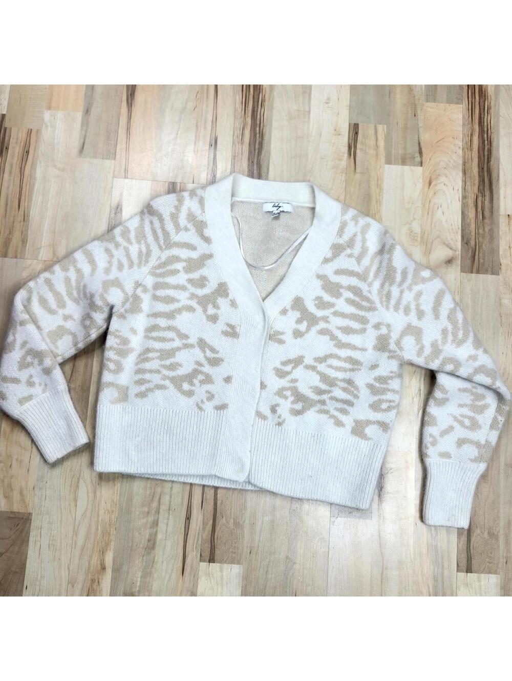 Lily XXXS Cream  Beige Animal Print Button-Up Cardigan Sweater Rabbit Hair